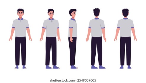 Un conjunto de diferentes tipos de caracteres. Un joven desde varios ángulos. Vistas desde la parte frontal, lateral, trasera y frontal. Ilustración vectorial en un estilo plano