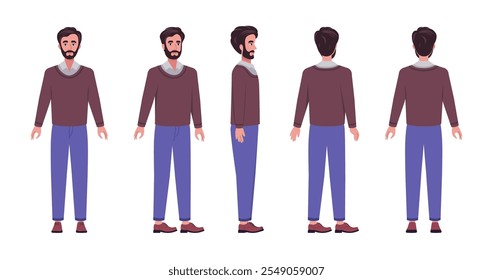 Un conjunto de diferentes tipos de caracteres. Un joven desde varios ángulos. Vistas desde la parte frontal, lateral, trasera y frontal. Ilustración vectorial en un estilo plano