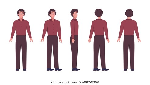 Un conjunto de diferentes tipos de caracteres. Un joven desde varios ángulos. Vistas desde la parte frontal, lateral, trasera y frontal. Ilustración vectorial en un estilo plano