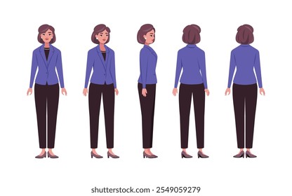 Un conjunto de diferentes tipos de caracteres. Una mujer joven desde varios ángulos. Vistas desde la parte frontal, lateral, trasera y frontal. Ilustración vectorial en un estilo plano