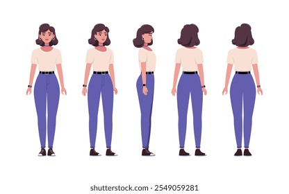 Un conjunto de diferentes tipos de caracteres. Una mujer joven desde varios ángulos. Vistas desde la parte frontal, lateral, trasera y frontal. Ilustración vectorial en un estilo plano