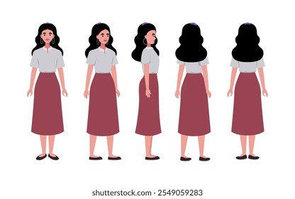 Un conjunto de diferentes tipos de caracteres. Una mujer joven desde varios ángulos. Vistas desde la parte frontal, lateral, trasera y frontal. Ilustración vectorial en un estilo plano