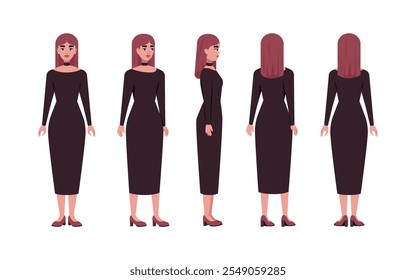 Un conjunto de diferentes tipos de caracteres. Una mujer joven desde varios ángulos. Vistas desde la parte frontal, lateral, trasera y frontal. Ilustración vectorial en un estilo plano