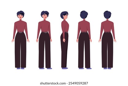 A set of different types of characters. A young woman from various angles. Views from the front, side, back, and frontal. Vector illustration in a flat style