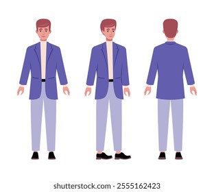 A set of different types of characters. A young man from various angles. Views from the front, side, back. Vector illustration in a flat style