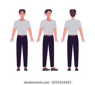 A set of different types of characters. A young man from various angles. Views from the front, side, back. Vector illustration in a flat style