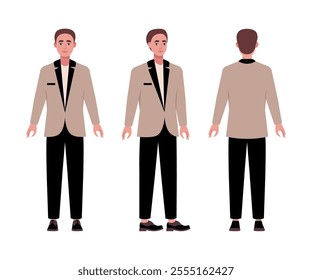 A set of different types of characters. A young man from various angles. Views from the front, side, back. Vector illustration in a flat style