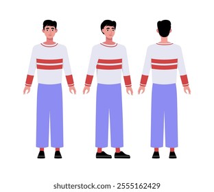 A set of different types of characters. A young man from various angles. Views from the front, side, back. Vector illustration in a flat style