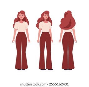 A set of different types of characters. A young woman from various angles. Views from the front, side, back. Vector illustration in a flat style
