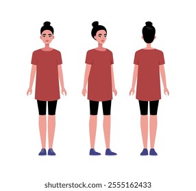 A set of different types of characters. A young woman from various angles. Views from the front, side, back. Vector illustration in a flat style