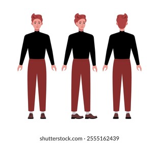 A set of different types of characters. A young man from various angles. Views from the front, side, back. Vector illustration in a flat style