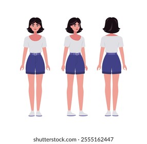 A set of different types of characters. A young woman from various angles. Views from the front, side, back. Vector illustration in a flat style