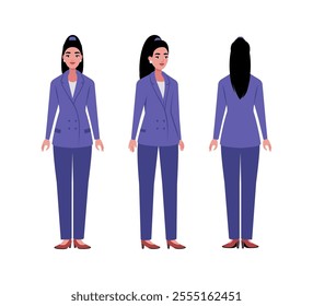 A set of different types of characters. A young woman from various angles. Views from the front, side, back. Vector illustration in a flat style