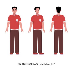 A set of different types of characters. A young man from various angles. Views from the front, side, back. Vector illustration in a flat style