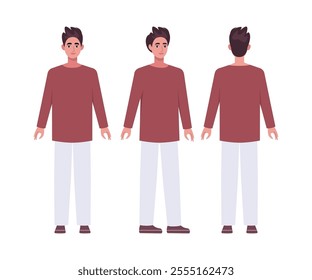A set of different types of characters. A young man from various angles. Views from the front, side, back. Vector illustration in a flat style