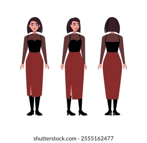 A set of different types of characters. A young woman from various angles. Views from the front, side, back. Vector illustration in a flat style