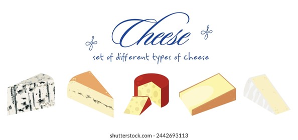 Set of different types of cheese. Cheddar, brie, roquefort, gouda, comte, morbier. Cut into triangles and slices of delicious cheeses. Flat vector illustration in flat style isolated on background.