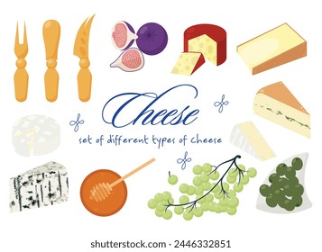 Set of different types of cheese. Cheddar, brie, roquefort, gouda, comte, morbier. Cut into triangles and slices of delicious cheeses. Flat vector illustration in flat style isolated on background.