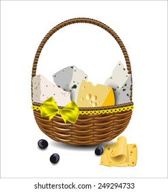 Set of different types of cheese in a wicker basket. Vector illustration.