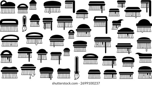 Um conjunto de diferentes tipos de pincéis de limpeza e depuração, representados como ícones vetoriais pretos ou silhuetas em um fundo branco.