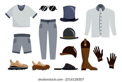 Set of different types of clothing in cartoon style. Vector illustration of sportswear: t-shirts, shorts, pants, shirt, cowboy boots, running shoes, football, gloves, hats, jockey cap, glasses.