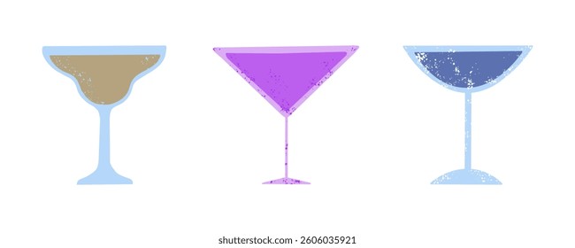 Set of different types of cocktail glasses. Alcohol beverages. Vector illustration for menu, poster, card. 