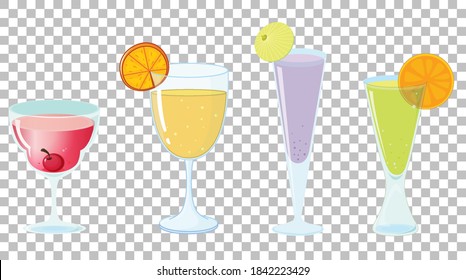 Set of different types of cocktails isolated on transparent background illustration