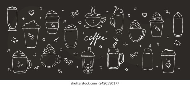 Set of different types coffee beverage. Doodle vector illustrations drawing with chalk on chalkboard background. Espresso, americano, cappuccino, latte.