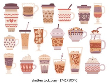 Set of different types of coffee. Coffee drink menu. Cartoon cup design collection. Tea