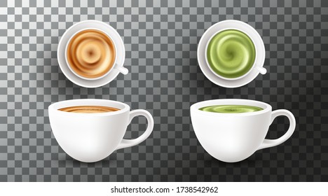 Set with different types of coffee drinks on transparent background