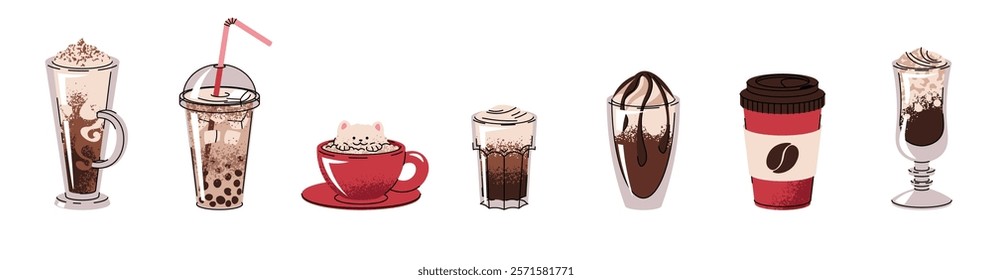 Set of different types of coffee drinks. Espresso, americano cup, cappuccino and latte in paper mug. Flat vector illustrations isolated on white background