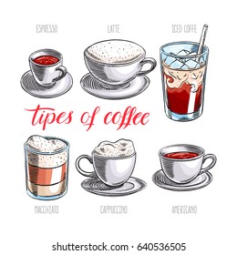 set of different types of coffee. hand-drawn illustration