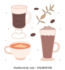 Set of different types of coffee.Espresso, cappuccino, Americano, latte coffee beans.Simple Hand drawn illustration.