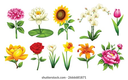 Set of different types of colorful flowers such as dahlia, water lily, sunflower, orchid, tulip, rose, and others. Vector cartoon illustration