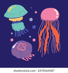 Set of different types of colorful jellyfish isolated on a dark background. Collection of sea marine animals various jellies, jelly, ocean fauna vector illustration bundle in cartoon flat funky doodle