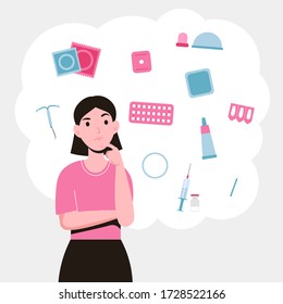 Set Different Types Of Contraception. Birth Control Methods And Options. Girl Choosing A Method Of Contraceptive. Flat Vector Illustration Isolated White Background.