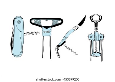 Set of different types of corkscrews. Vector hand drawn sketch. On a white background.