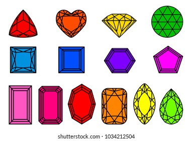 set of different types of cut diamonds of different colors on a white background