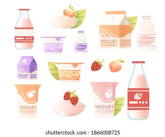 Set verschiedener Arten von Milchprodukten Verpackungen Karton-Kunststoff oder Glas-flache Vektorgrafik einzeln auf weißem Hintergrund