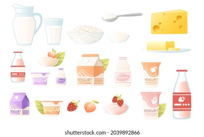 Conjunto de diferentes tipos de productos lácteos embalaje cartón plástico o vidrio plano ilustración del vector aislado en fondo blanco