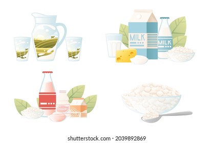 Set of different types of dairy product packaging cardboard plastic or glass flat vector illustration on white background