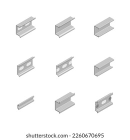 Set of different types of DIN rail on a white background. 3D isometric style, vector illustration.