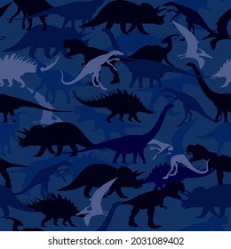 A set with different types of dinosaurs. Camouflage seamless texture with a dinosaur in blue colors. Army dinosaur pattern in blue. Fashionable print for children's fabrics and clothing.