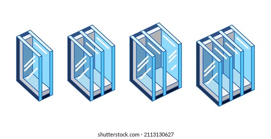 Set of different types double glazed windows. PVC plastic or aluminum metal profile.