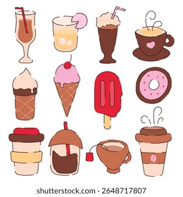 A set of different types of drinks and desserts in a flat design style. Cocktail, juice, milkshake, coffee, tea, ice cream, popsicles and donuts.