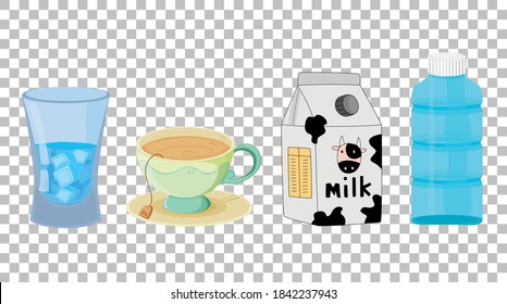 Set of different types of drinks isolated on transparent background illustration