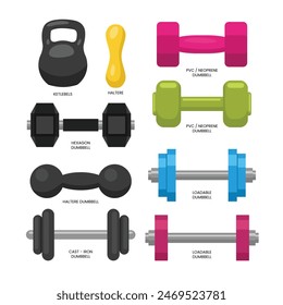 Set of different types of dumbell, weightlifting barbells, Workouts or diet for Beginners Healthy Body Training with kettlebell, haltere, hex, cast iron, healthcare gym poster education.