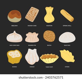 Set of different types of dumpling or chinese dim sum dessert collection with BBQ Bun, Radish Cake, Wanton, Spring Roll, Sao Long Bao, Sharks Fin,Buchi, Siao Pao, Siomay, Hakao, Taro Puff, Gyoza. 