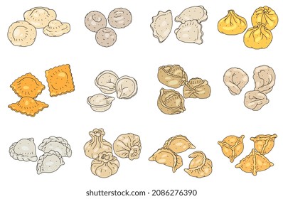 Satz verschiedener Arten von Knödel aus Teig mit Fleisch- oder Gemüsefüllung in Skizze, Vektorgrafik einzeln auf weißem Hintergrund. Sammlung von Pelmeni, Vareniki, Manti, Khinkali.