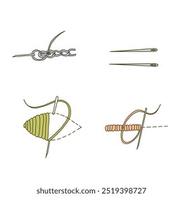 Conjunto de diferentes tipos de pontos de bordados e duas agulhas. Ilustração Vetor colorida desenhada à mão, isolada sobre fundo branco. Perfeito para costura manual, bordado, artesanato e passatempo